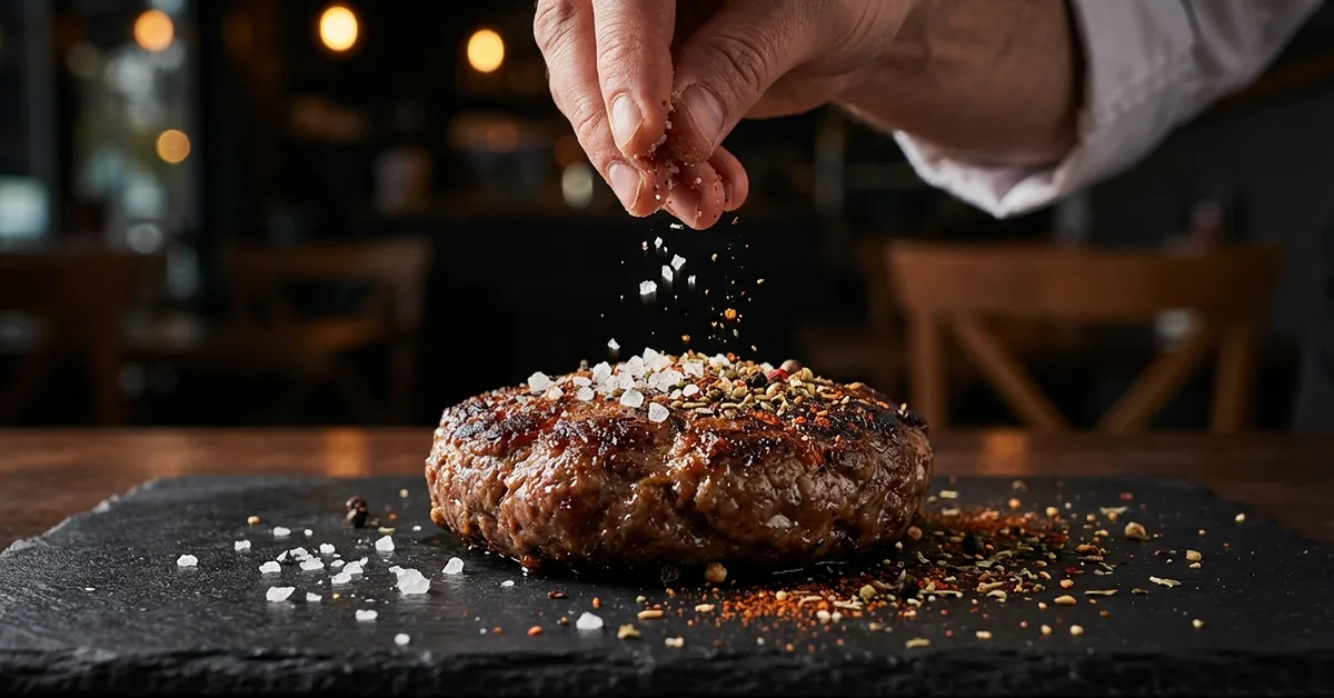 نمایش یک گوشت گریل شده یا برگر با دانههای درشت نمک دریایی و ادویه