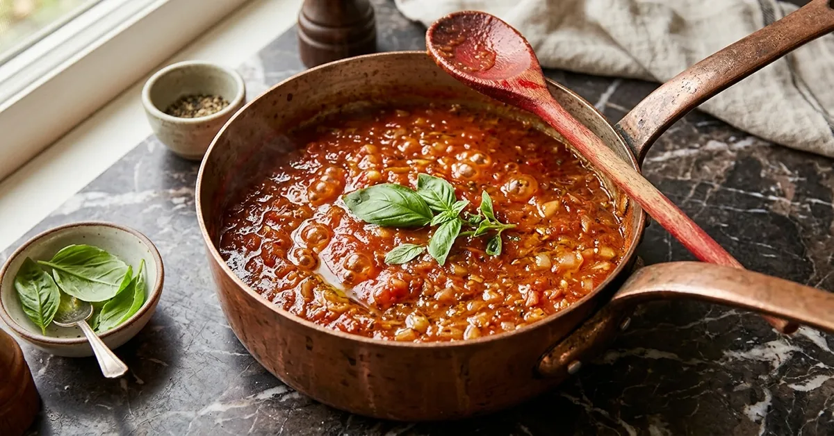 پخت سس گوجه فرنگی غلیظ و براق در تابه مسی