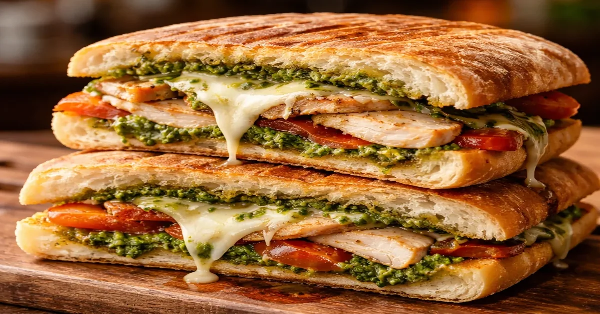 ساندویچ پنینی مرغ و پستو با نان چاباتا گریل شده روی تخته چوبی در کافه