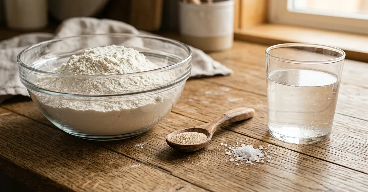 مواد اولیه برای تهیه نان باگت شامل آرد، خمیرمایه و آب