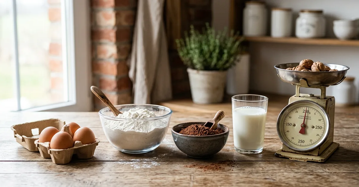 مواد اولیه پخت کیک شکلاتی خیس روی میز چوبی