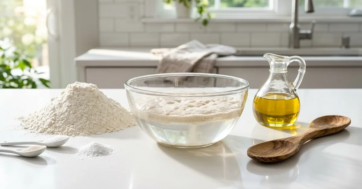 مواد لازم برای تهیه نان پیتزا شامل آرد، روغن و خمیر مایه فعال شده