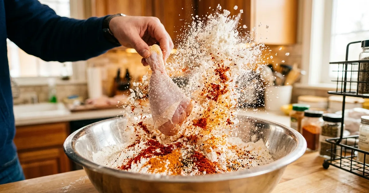 آغشته کردن تکههای مرغ به ترکیب ادویه و آرد