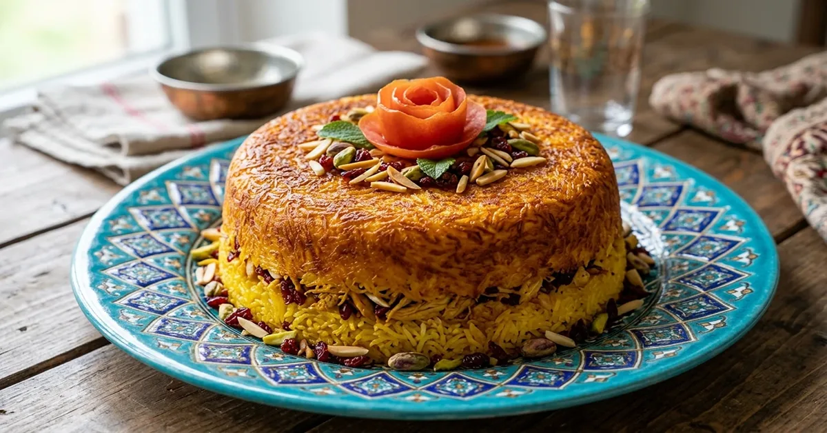 برنج قالبی و ته چین با دیزاین گل رز و خلال بادام