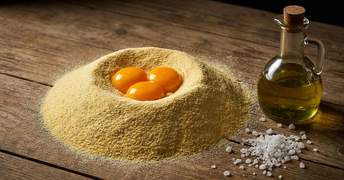تپه آرد سمولینا و تخممرغ تازه برای تهیه پاستا اصیل ایتالیایی
