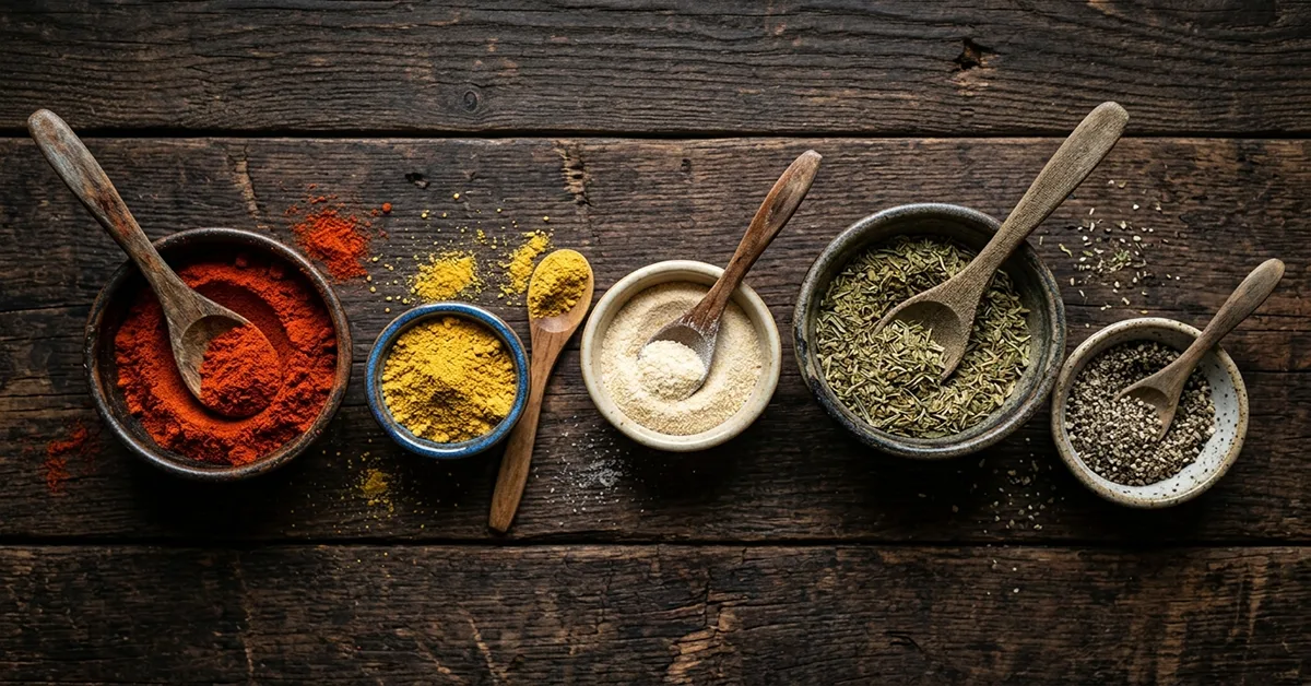اجزای اصلی ادویه مرغ سوخاری در قاشقهای چوبی
