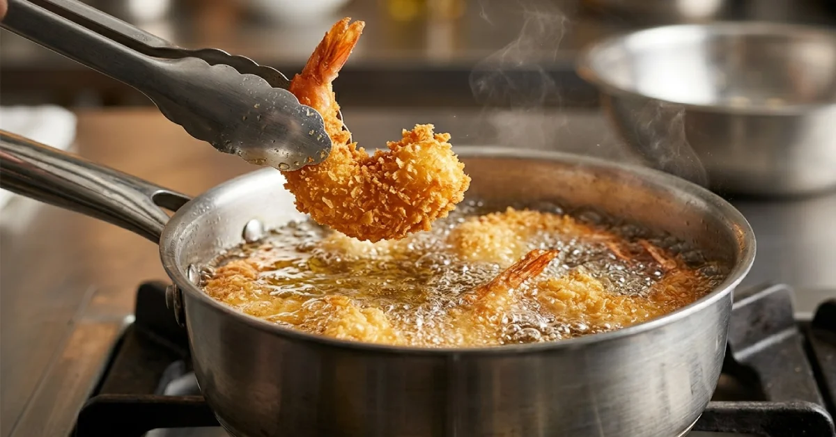 سرخ شدن میگو سوخاری طلایی در قابلمه حاوی روغن داغ و در حال جوش