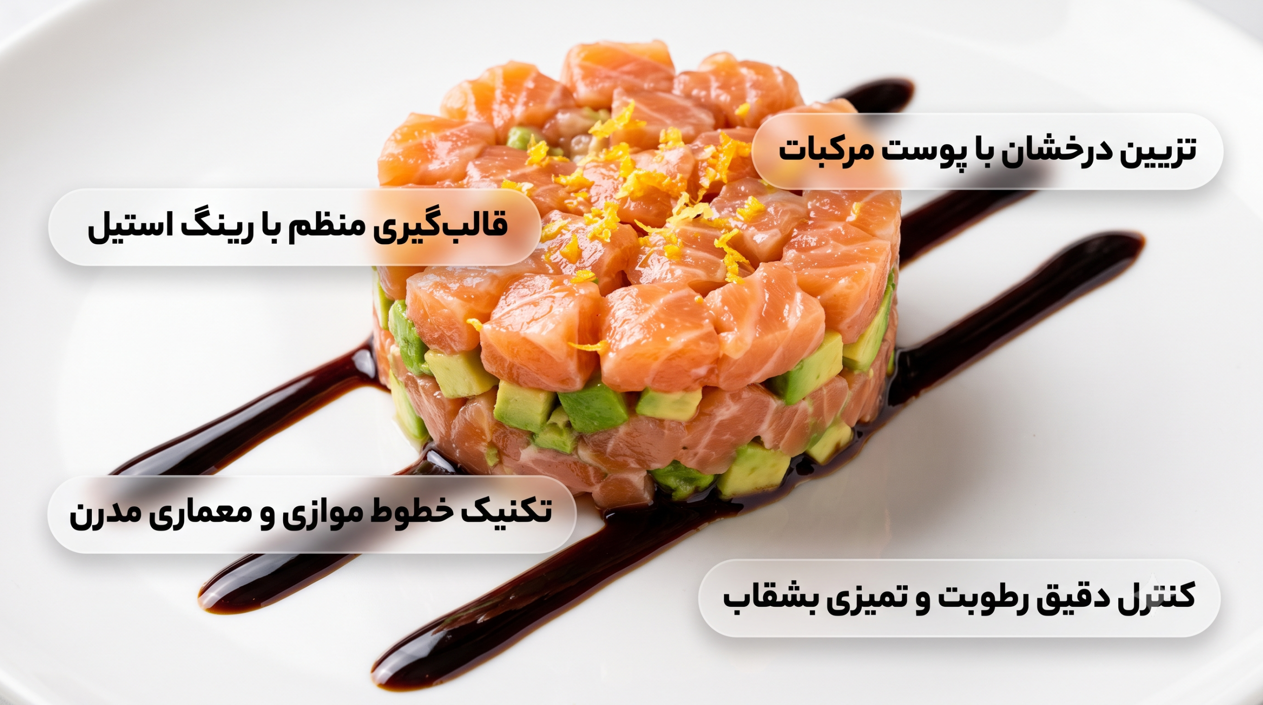 : دیزاین قالبگیری تارتار سالمون با رینگ استیل و خطوط موازی سس