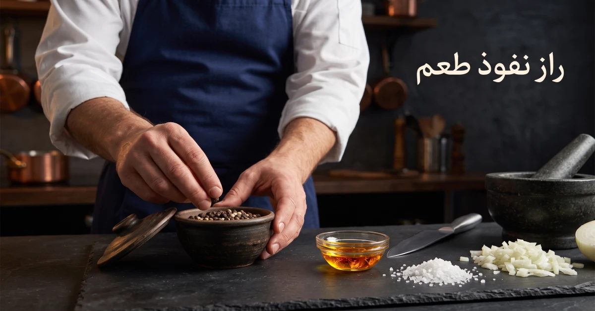 نمای نزدیک از دستهای سرآشپز در حال انتخاب ادویهها، زعفران و نمک دریا برای مزهدار کردن و مرینیت اصولی گوشت روی میز کار