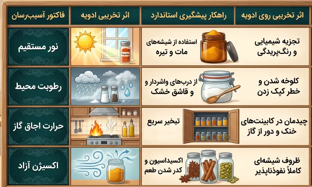 جدول اصول انبارداری و نگهداری ادویه در خانه