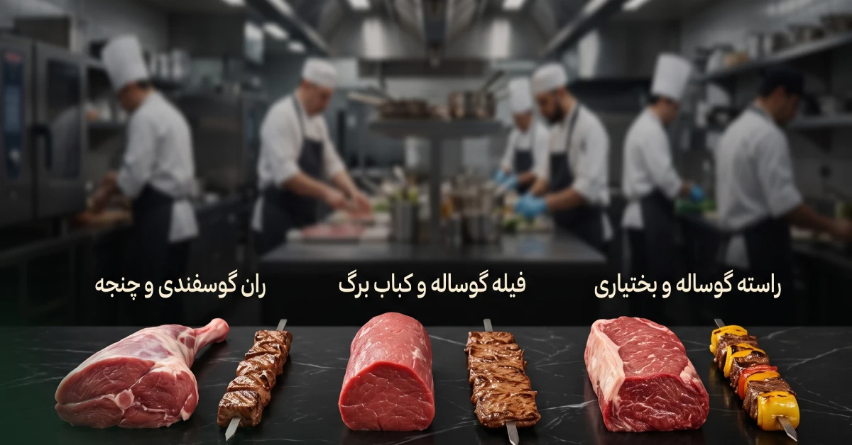 تصویر اینفوگرافیک خطی از مقایسه ران گوسفندی، فیله گوساله و راسته گوساله خام با کبابهای برگ، چنجه و بختیاری پختهشده