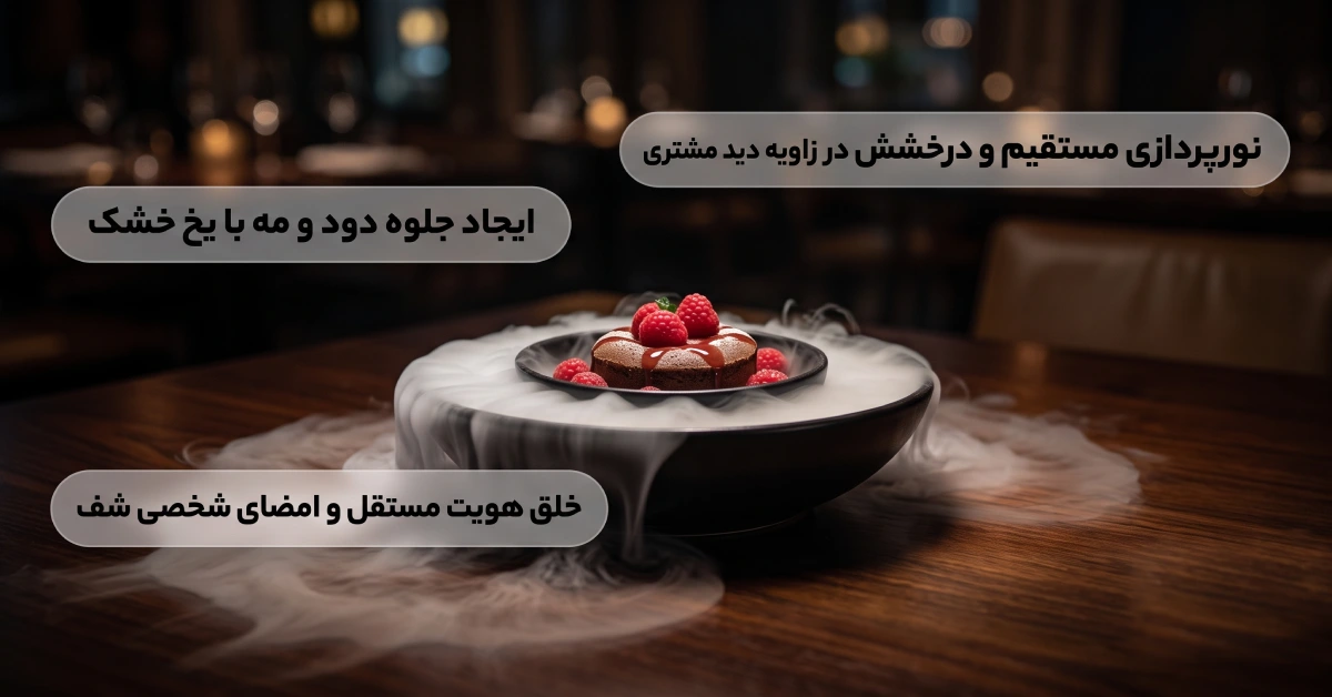 سرو واقعی و طبیعی دسر با جلوه مِهآلود یخ خشک در رستوران