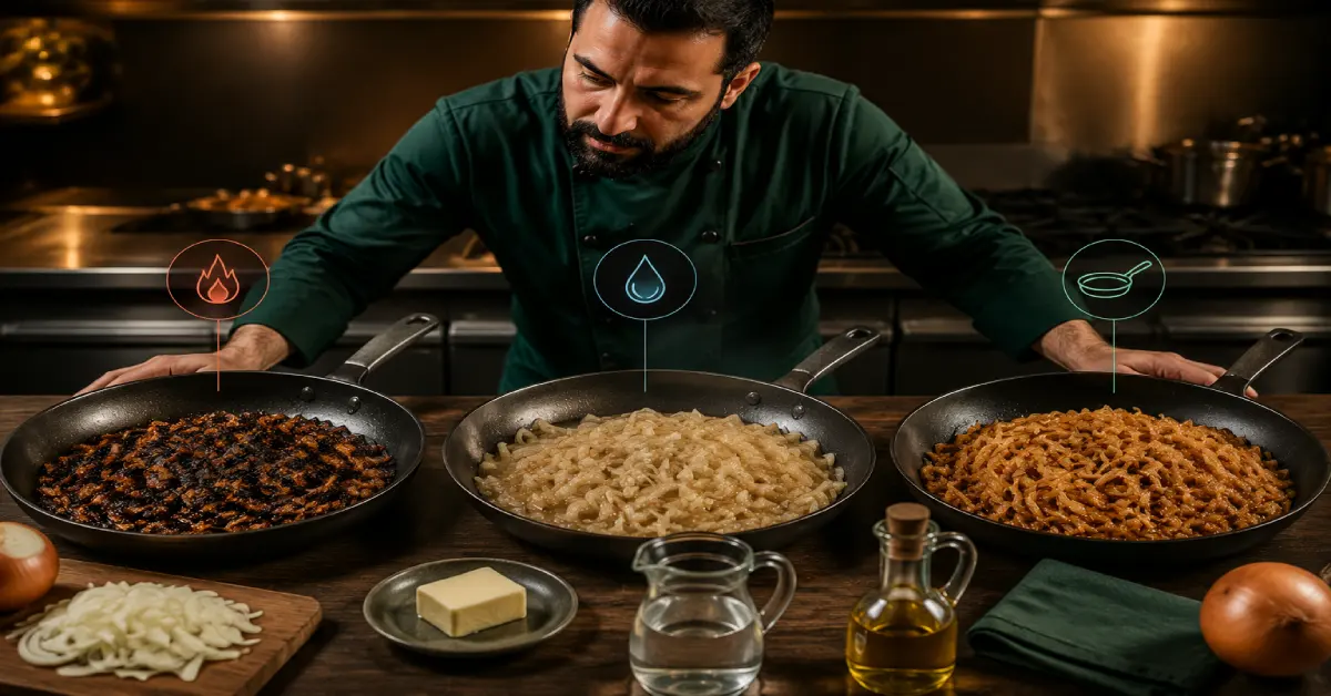 شف حرفهای در حال بررسی خطاهای کاراملی کردن پیاز با مقایسه پیاز سوخته، آبانداخته و پیاز طلایی کاراملیشده در تابههای مختلف