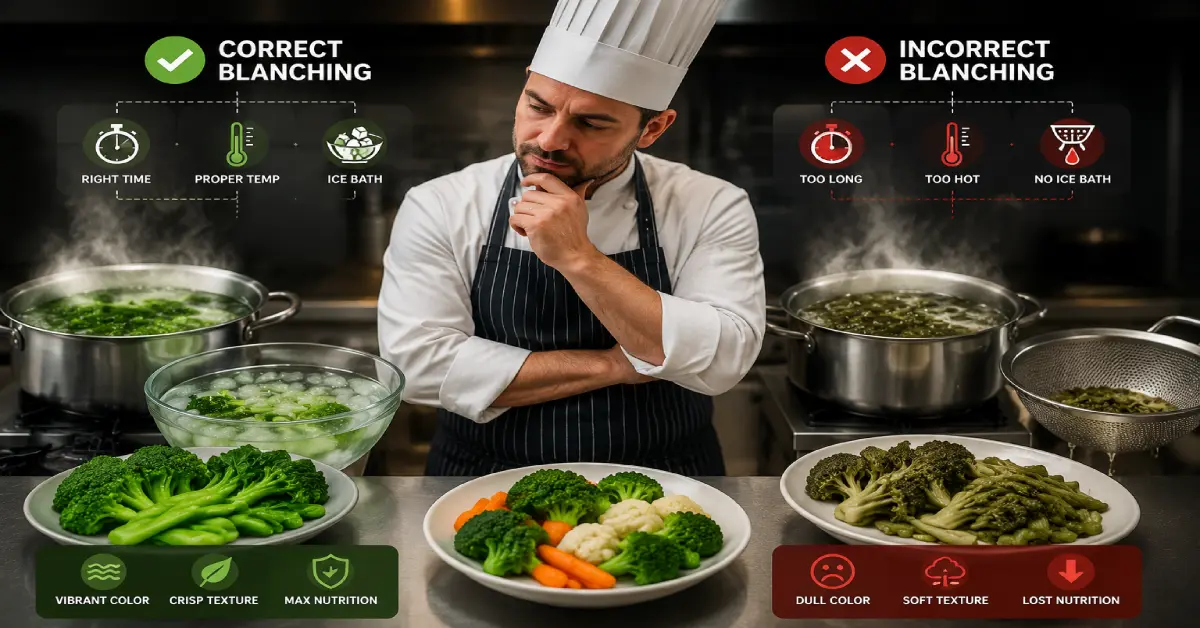 شف حرفهای در حال مقایسه بلانچ کردن اصولی و غیراصولی سبزیجات با نمایش تفاوت رنگ، بافت و کیفیت نهایی مواد غذایی