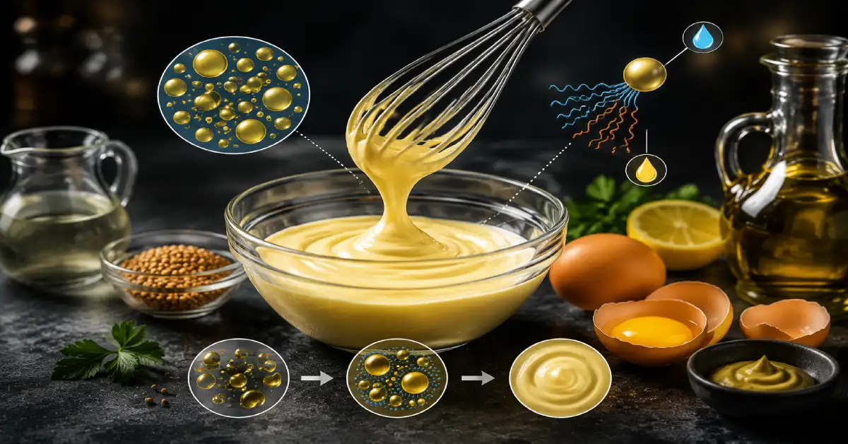 نمای علمی و واقعی از فرآیند امولسیون در آشپزی با سس مخملی، همزدن روغن و زرده تخممرغ و نمایش اتصال قطرات چربی در ساختار سس پایدار