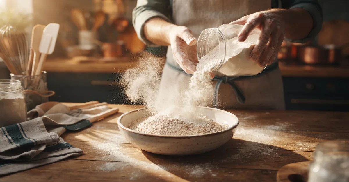 : لحظه ترکیب کردن حرفهای دو نوع آرد متفاوت توسط نانوا روی میز کار چوبی برای خلق بافت بینقص نان خانگی.